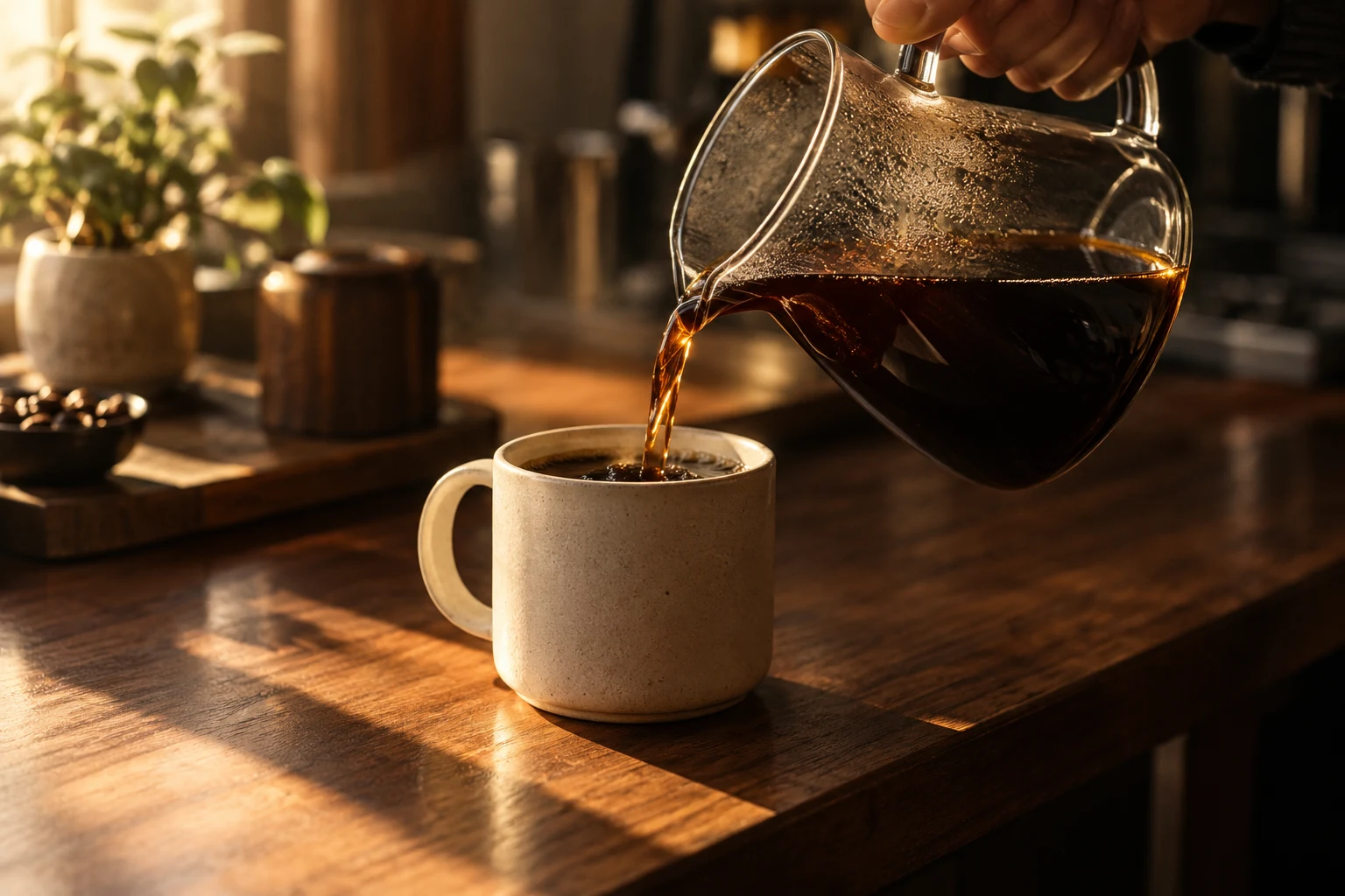 A hand pouring coffee into a ceramic mug in warm morning light