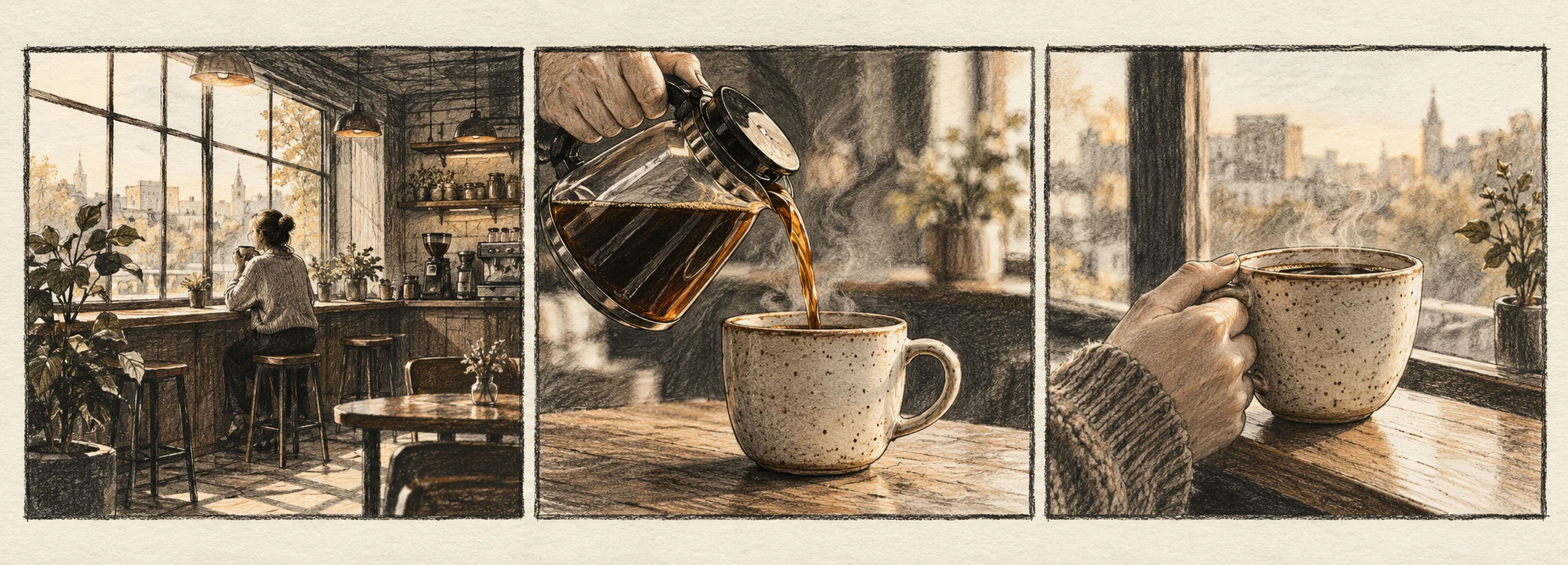 Three storyboard sketches: a café, pouring coffee, and holding a cup by the window